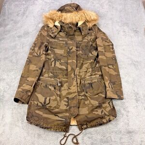 Express Camo Coat Womens S Removable Fur Lining/ Hood Cinch Waist Mid Parka